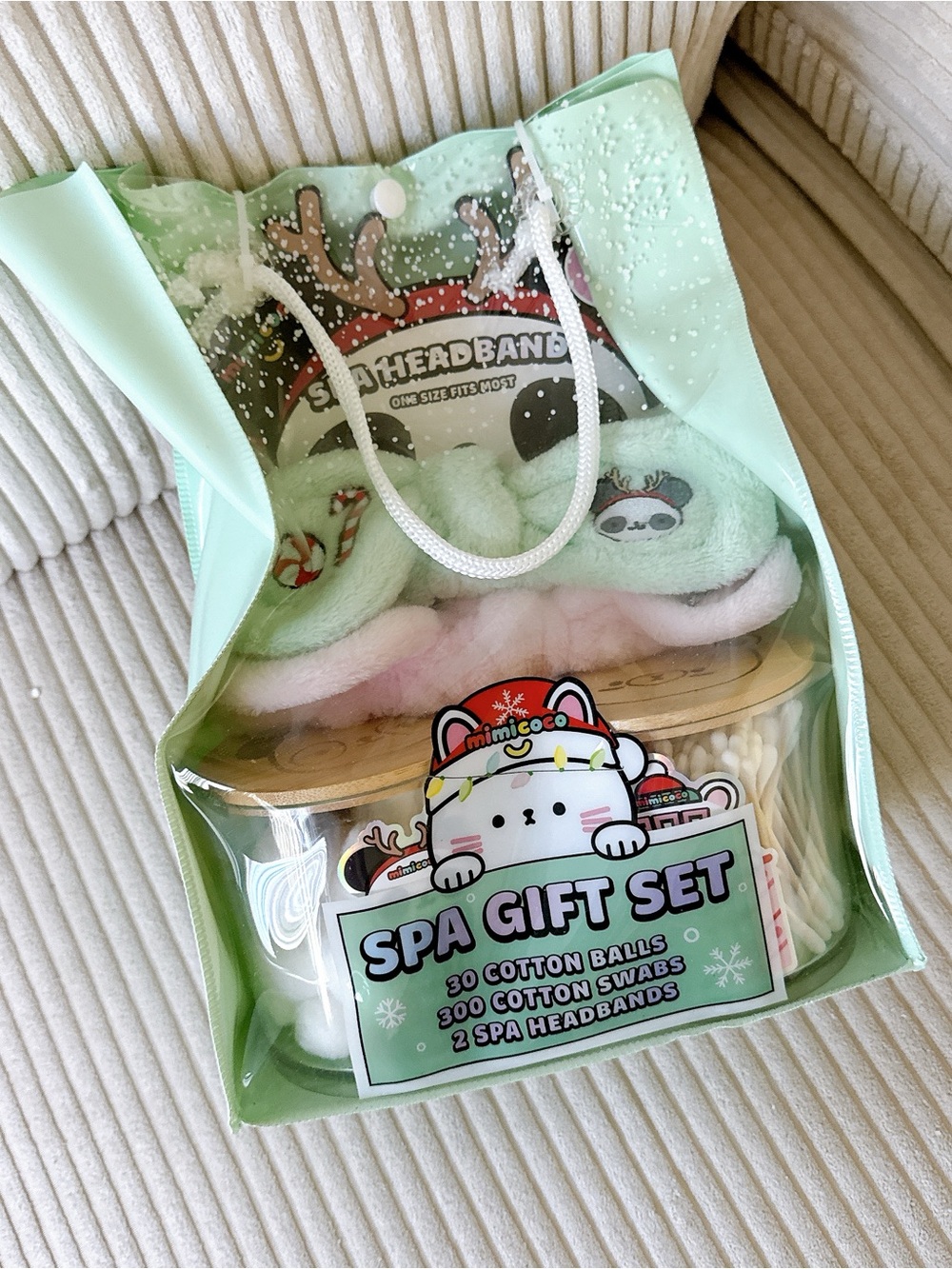 Christmas Spa Gift Set Cute Holiday Self Care Kit Headbands Cotton Swabs Balls